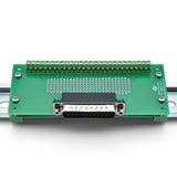 Front view of DB25 male breakout board with DIN rail clips