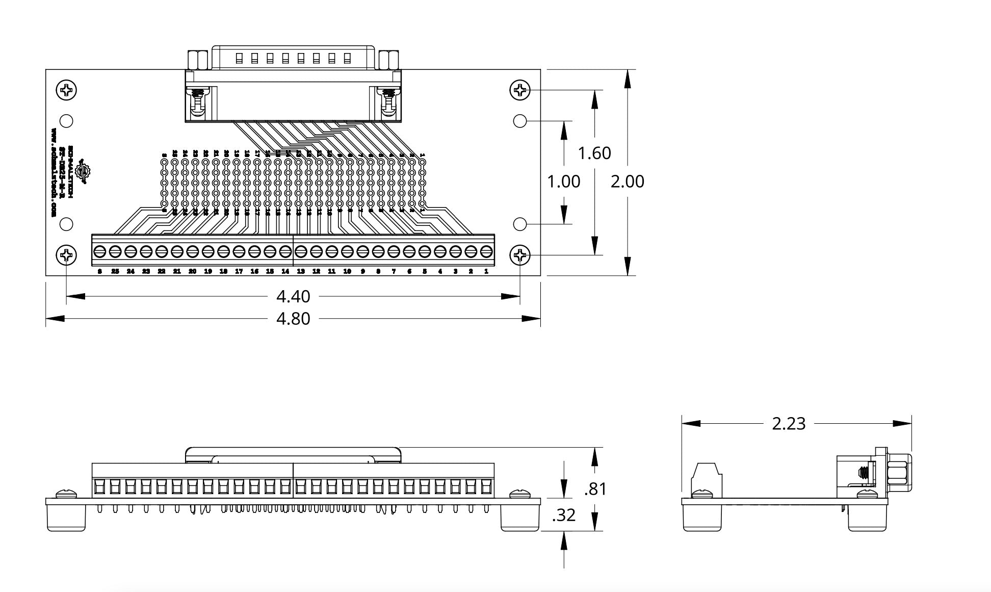 DB25 Male Breakout Board With Screw Terminals – Right Angle, 3.96mm Pitch – MDFLY