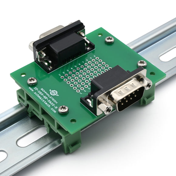 DB9 Male-Female Pass-Through Breakout Board with DIN Clips