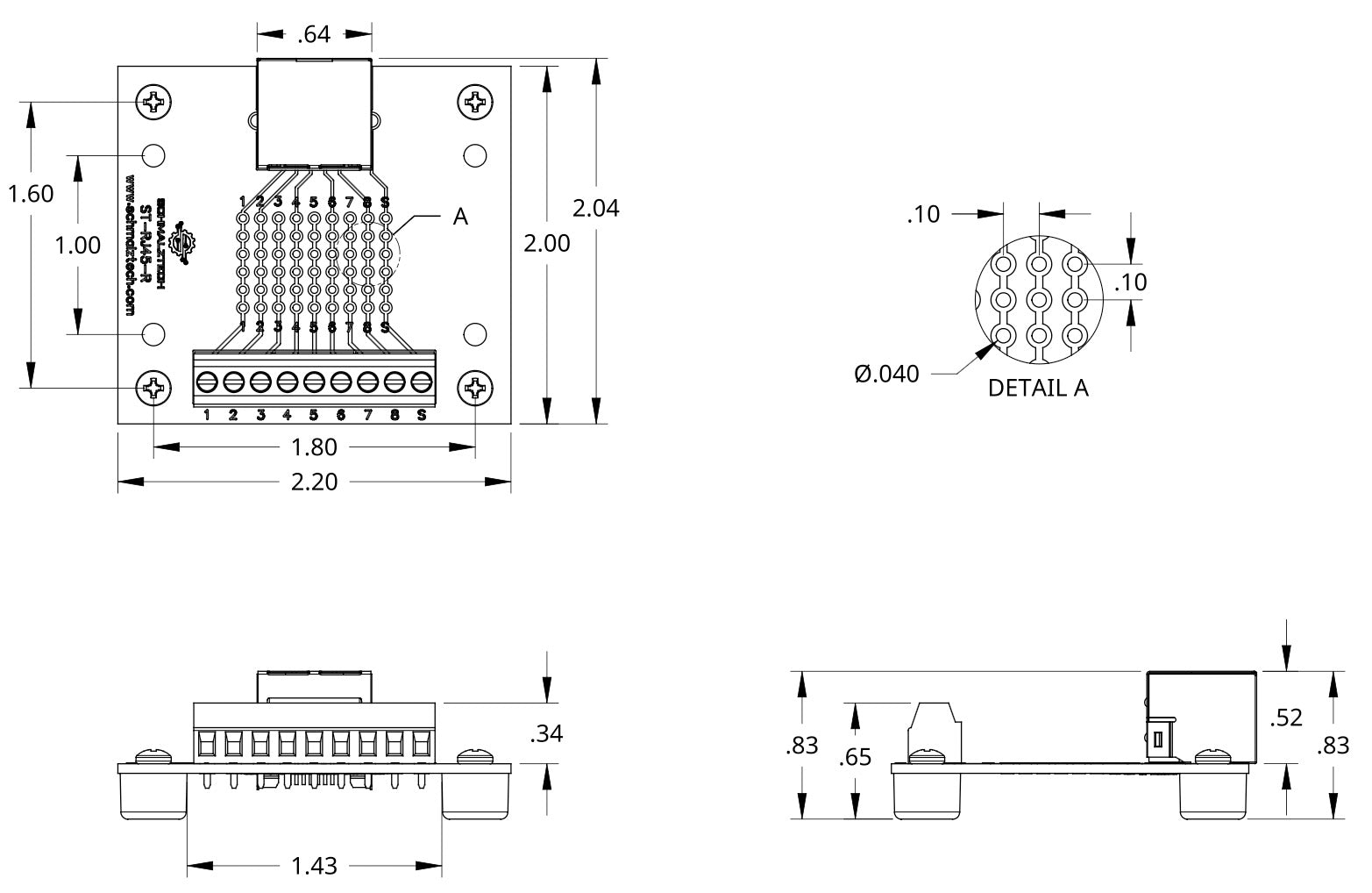 RJ45 / 8P8C Breakout Board with Feet | SchmalzTech
