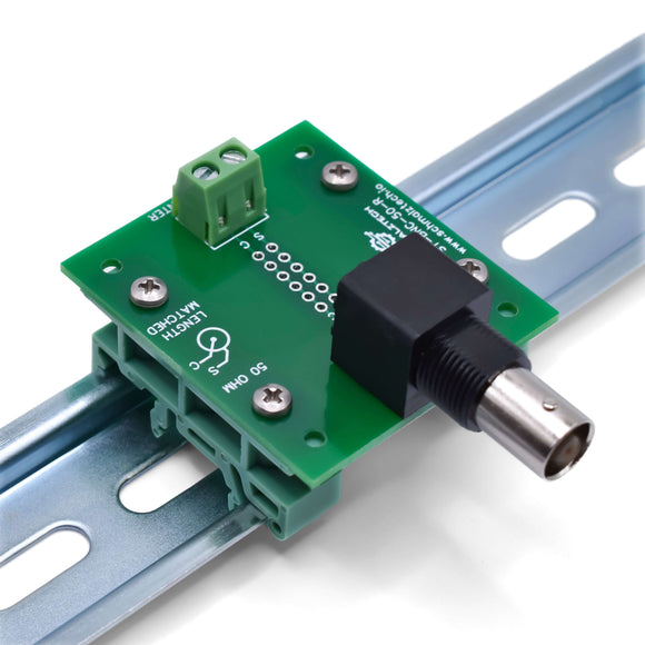 Front of 50 ohm BNC breakout board on DIN rail