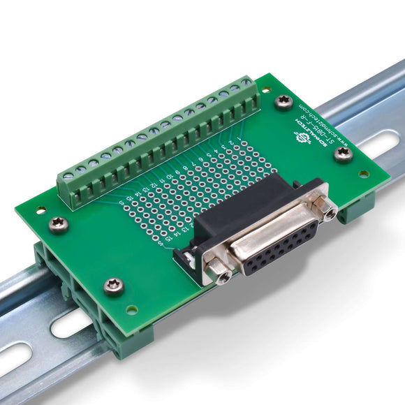 Front right of DB15 female breakout board on DIN rail