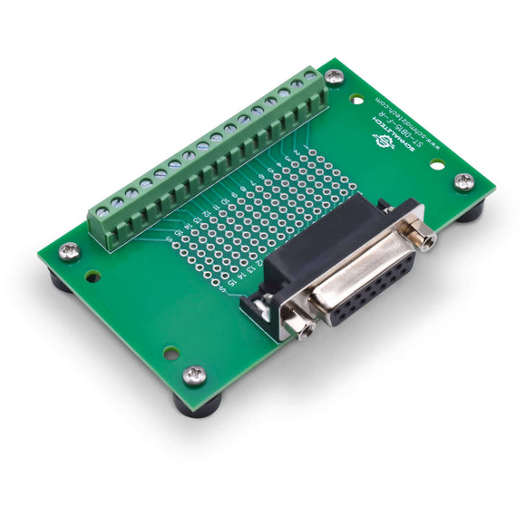 Front right of DB15 female breakout board with rubber feet