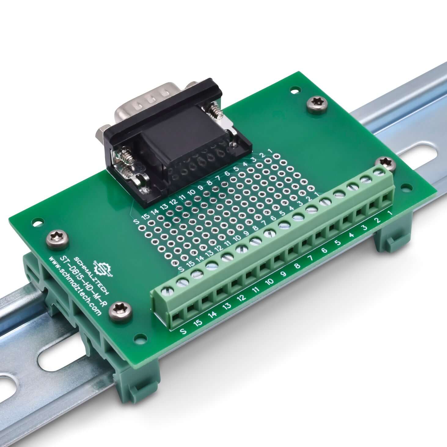 DB15 HD Male Breakout Board | DIN Rail | SchmalzTech