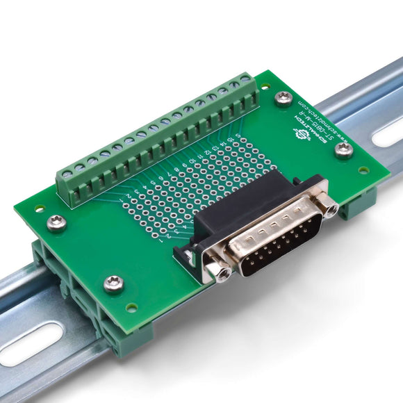 Front right of DB15 male breakout board on DIN rail