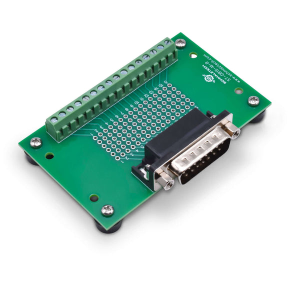 Front right of DB15 male breakout board with rubber feet