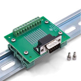 Detailed view of DB9 male breakout board on DIN rail