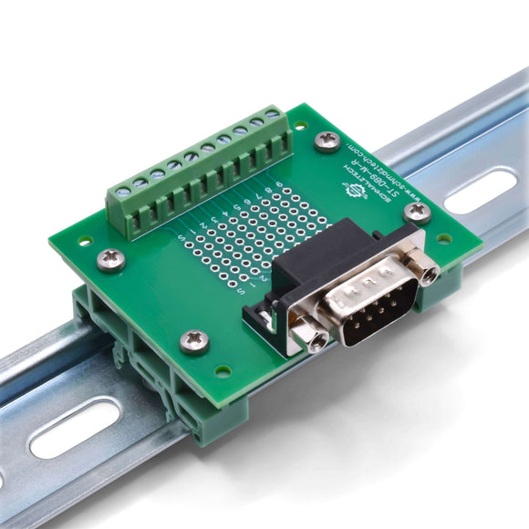 Front of DB9 male breakout board on DIN rail