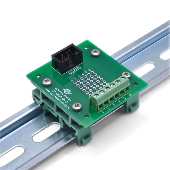 Front of 2x3 header breakout board on DIN rail