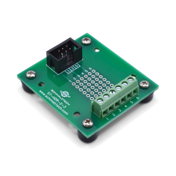 Front of 2x3 header breakout board with rubber feet