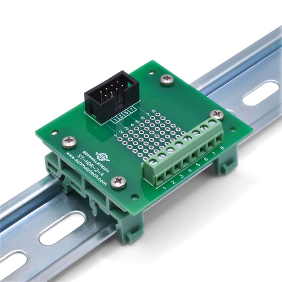 Front of 2x4 header breakout board on DIN rail