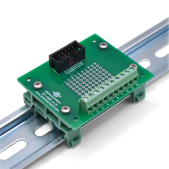 Front of 2x5 header breakout board on DIN rail