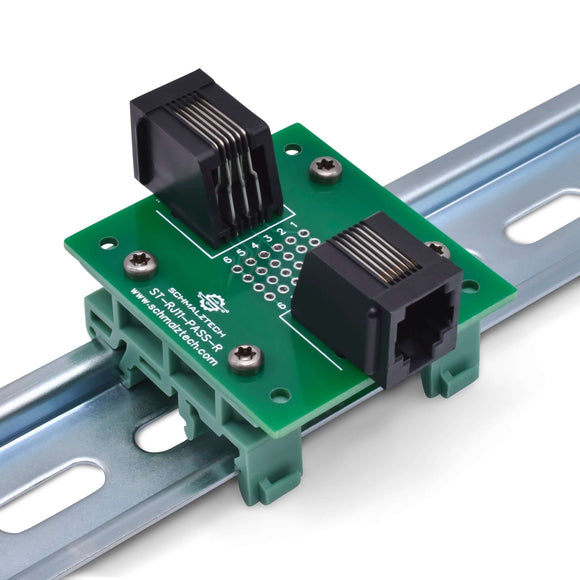 Front of RJ11 pass-through breakout board on DIN rail