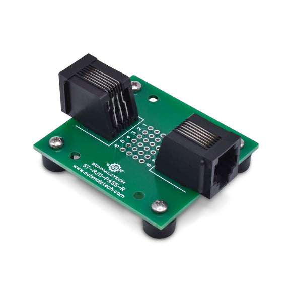 Front of RJ11 pass-through breakout board with rubber feet