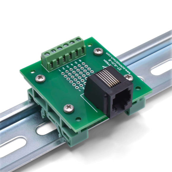 Front of RJ11 screw terminal breakout board on DIN rail