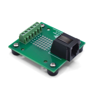 Front of RJ11 screw terminal breakout board with rubber feet