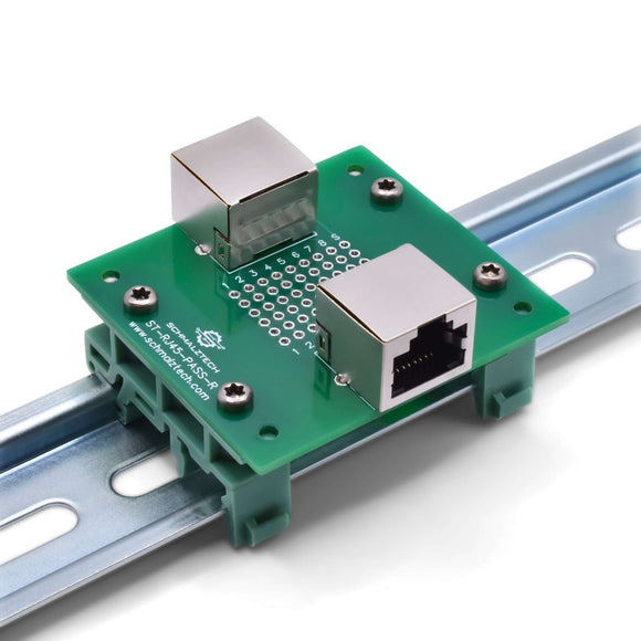 Front of RJ45 pass-through breakout board with DIN rail clips