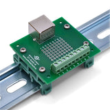 Back of right angle RJ45 screw terminal breakout board with DIN clips