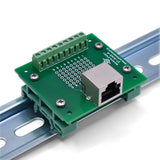 Front of right angle RJ45 screw terminal breakout board with DIN clips