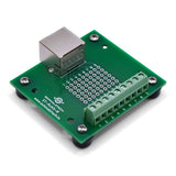 Back left of right angle RJ45 screw terminal breakout board with rubber feet