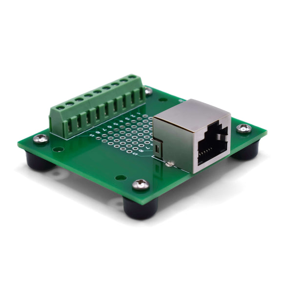 Front right of right angle RJ45 screw terminal breakout board with rubber feet