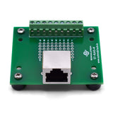 Front of right angle RJ45 screw terminal breakout board with rubber feet