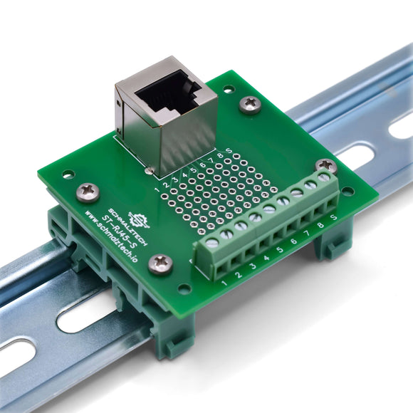 Front of straight RJ45 screw terminal breakout board with DIN clips