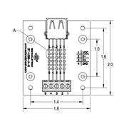 Drawing of USB type A breakout board with DIN clips