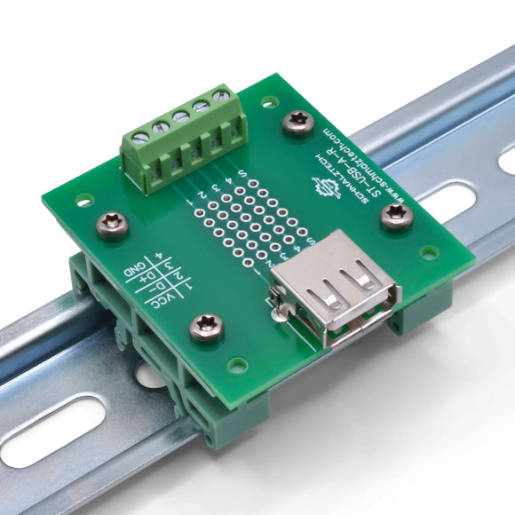 Front right of USB type A breakout board with DIN clips