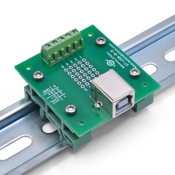 Front right of USB type B breakout board with DIN clips