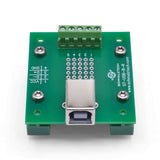 Front of USB type B breakout board with DIN clips